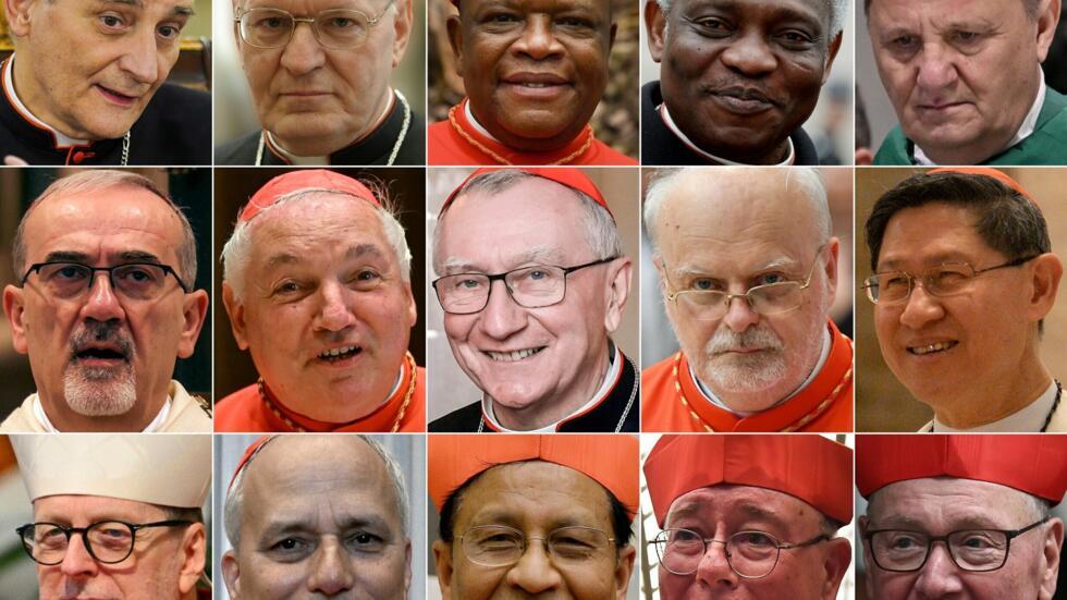 Los cardenales (izq.-drcha.,arriba a abajo) Matteo Zuppi, Peter Erdo, Fridolin Ambongo Besungu, Peter Kodwo Appiah Turkson, Mario Grech, Pierbattista Pizzaballa, Jean-Marc Aveline, Pietro Parolin, Anders Arborelius, Luis Tagle, Claudio Gugerotti, Robert Francis Prevost, Charles Maung Bo, Jean-Claude Hollerich y Timothy Dolan