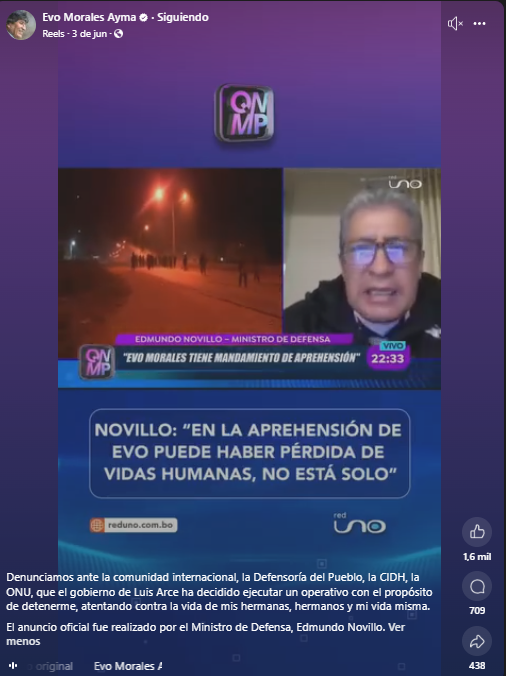 La publicación de Evo Morales. / Foto: Captura de pantalla