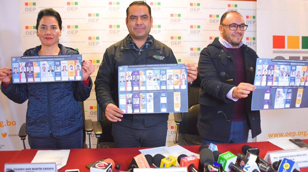 Los vocales muestran los tres tipos de papeletas de sufragio de las elecciones de agosto. / Foto: TSE.