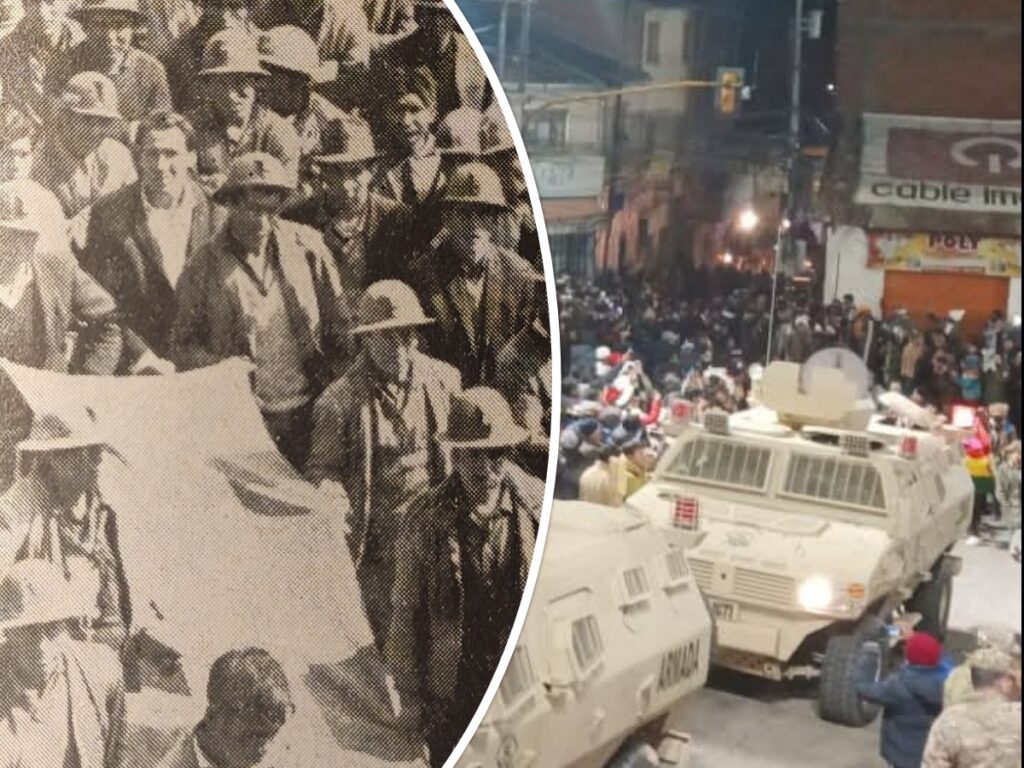 Mineros de antaño y el ingreso de los militares a Llallagua en el desbloqueo. / Foto: Revista Bocamina y archivo.