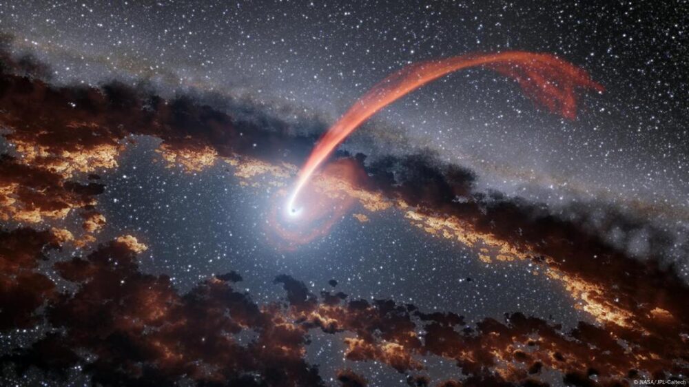 Ilustración de un agujero negro absorbiendo una estrella.