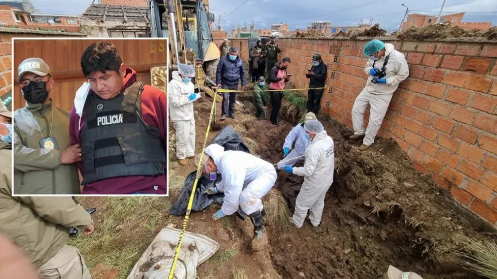 En recuadro, el sentenciado Richard Choque. Peritos del IDIF retiran el cuerpo de una de sus víctimas. Foto: Ministerio de Gobierno