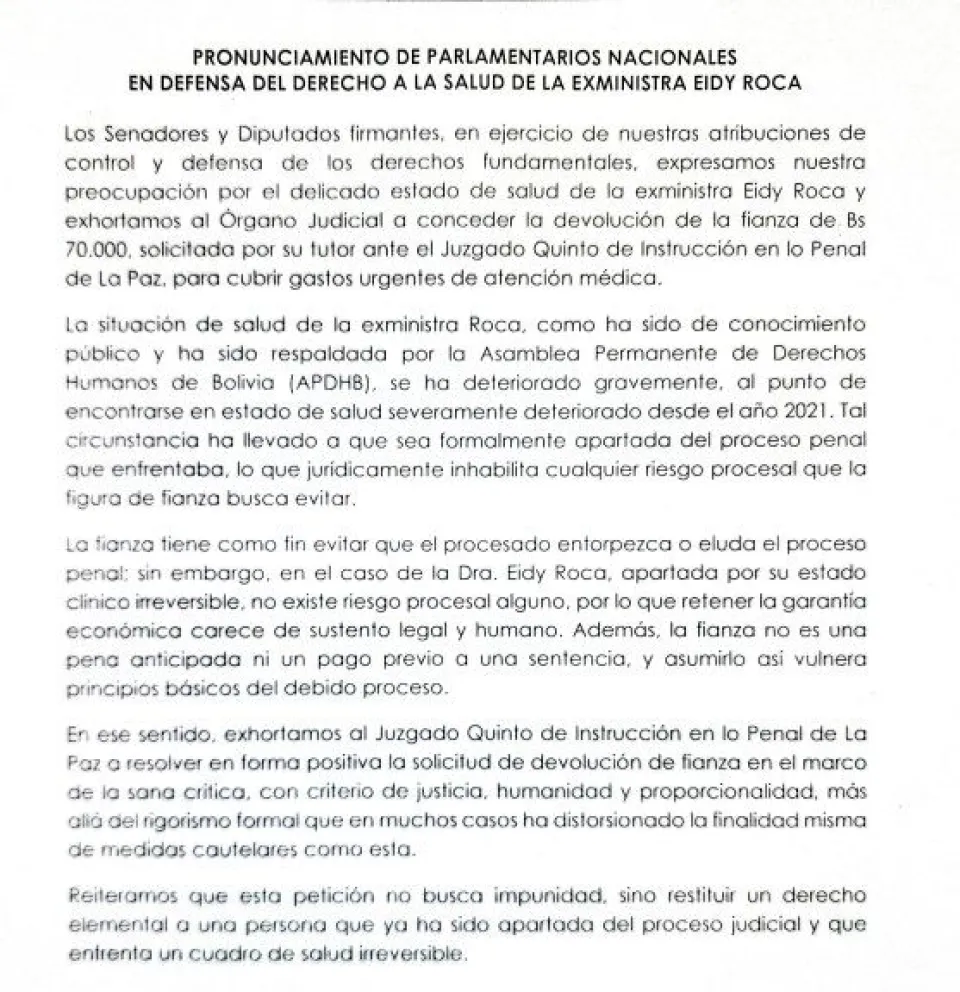 Nueve legisladores de oposición piden que se devuelva a Roca la fianza que pagó en el caso Respiradores chinos