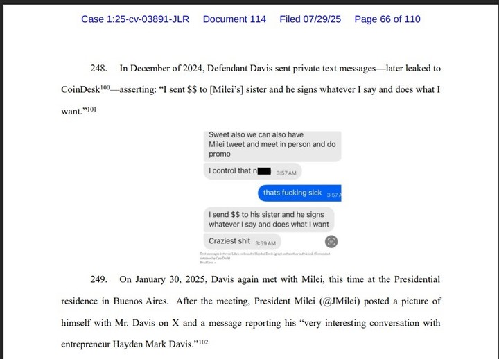 El documento que figura en la justicia de Nueva York y menciona el nexo con Karina Milei