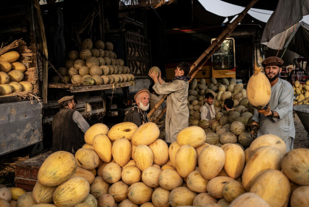 Unos trabajadores descargan melones de un camión en un mercado de Kabul, el 7 de julio de 2025 en la capital afgana