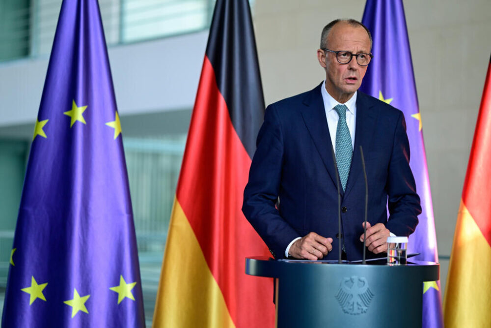 El canciller Friedrich Merz hace una declaración público tras una reunión del gabinete de seguridad del gobierno alemán, el 28 de julio de 2025 en Berlín