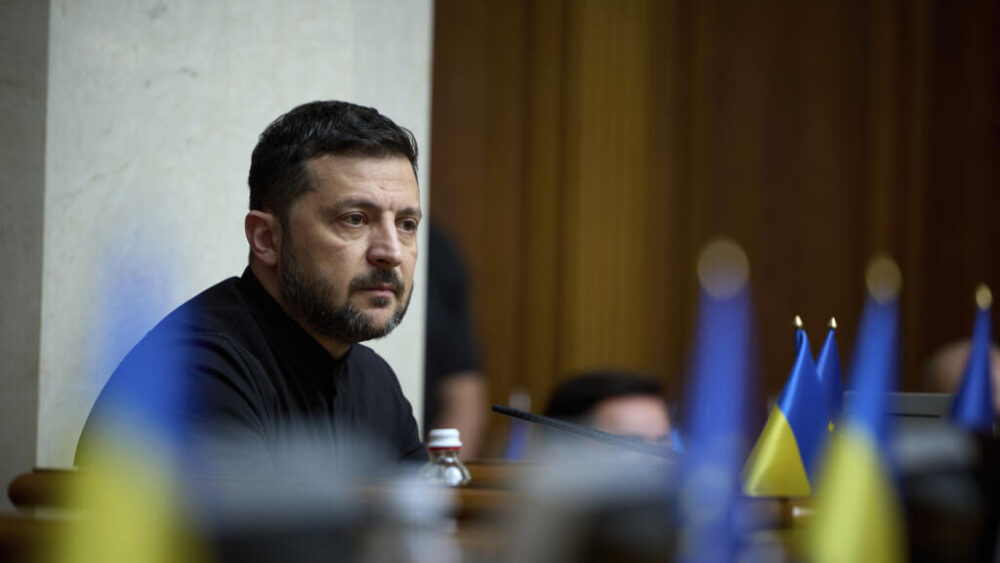 President of Ukraine Volodymyr Zelenskyy attends the parliament session in Kyiv, Ukraine Thursday, July 17, 2025.