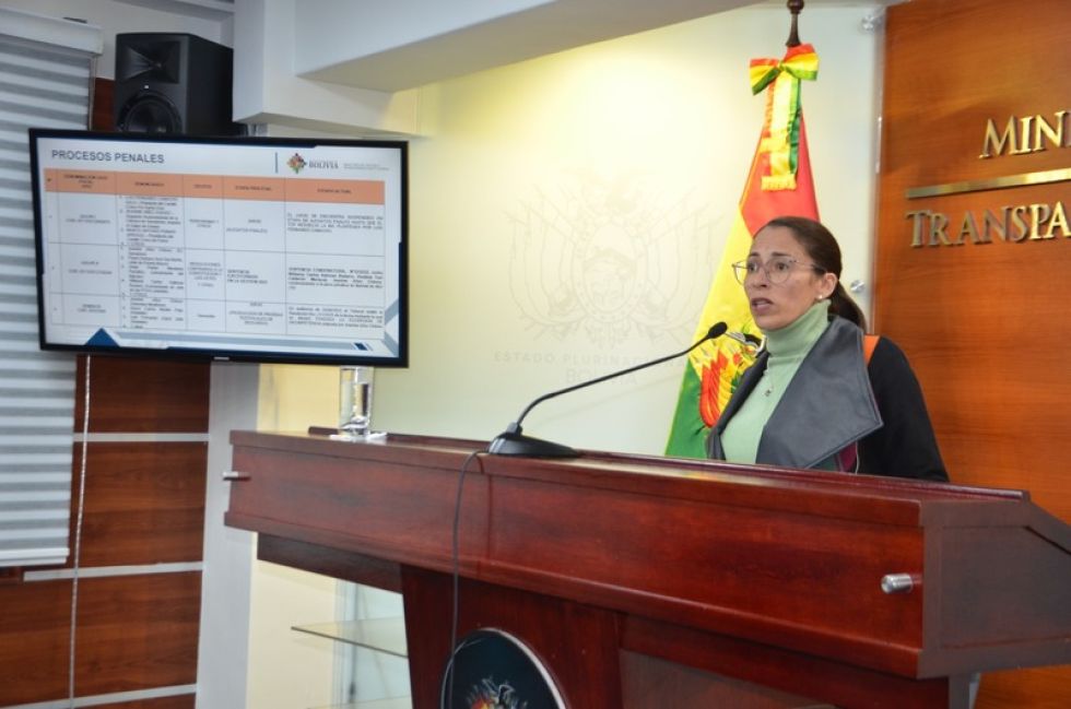 La ministra de Justicia y Transparencia Institucional, Jessica Saravia, este martes, durante su conferencia de prensa. 