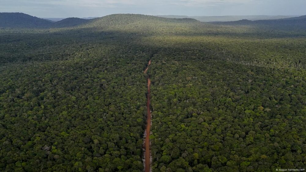 Paisaje natural desde el aire, con una selva que lo cubre, y el camino Linden-Lethem, en el territorio del Esequibo, Guyana.