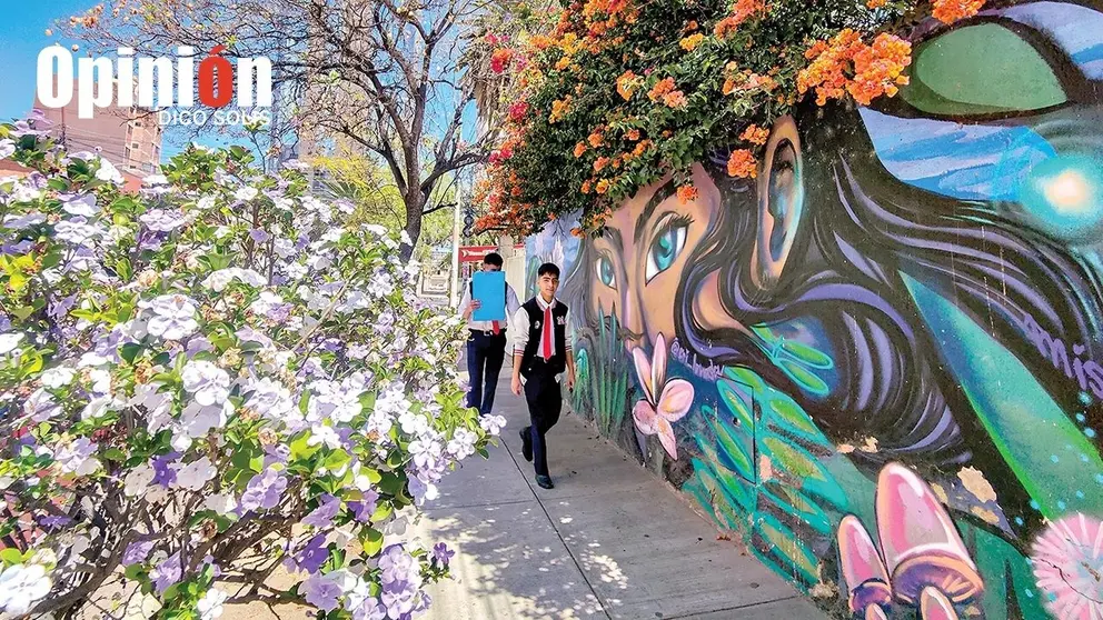 Contraste entre flores de un jardín externo y otras que atraviesan un muro./ DICO SOLÍS