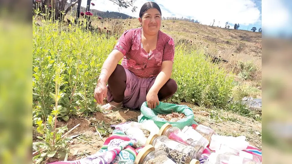 Roxana Riguera, comunaria de Suyku Pujio, junto a sus flores y frascos donde guarda semillas./ MARIELA COSSÍO