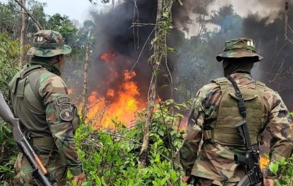 Operativos de la FELCN destruye una fábrica en el Trópico de Cochabamba. FOTO: ABI