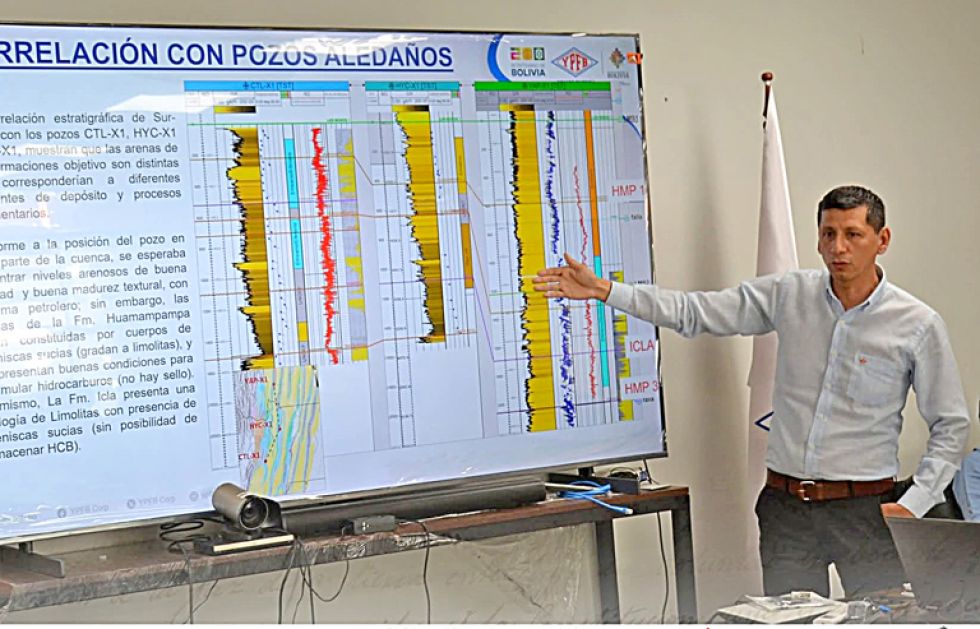 CAMIRI. Un técnico de YPFB explica sobre los trabajos de perforación en el pozo Yapucaiti.
