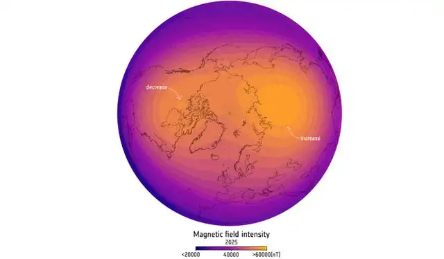  Dos zonas donde el campo magnético de la Tierra es particularmente fuerte, Canadá y Siberia, han experimentado cambios en la última década. Foto: ESA/ C. Finlay 