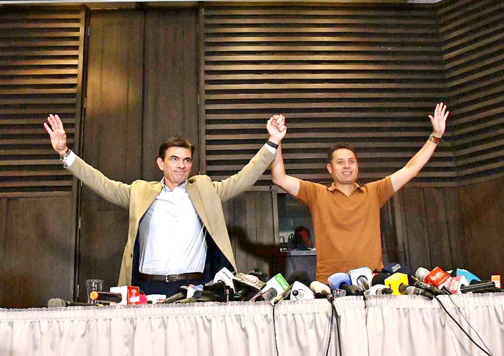 GANADORES. El presidente electo, Rodrigo Paz, y el vicepresidente electo, Edmand Lara, el lunes.