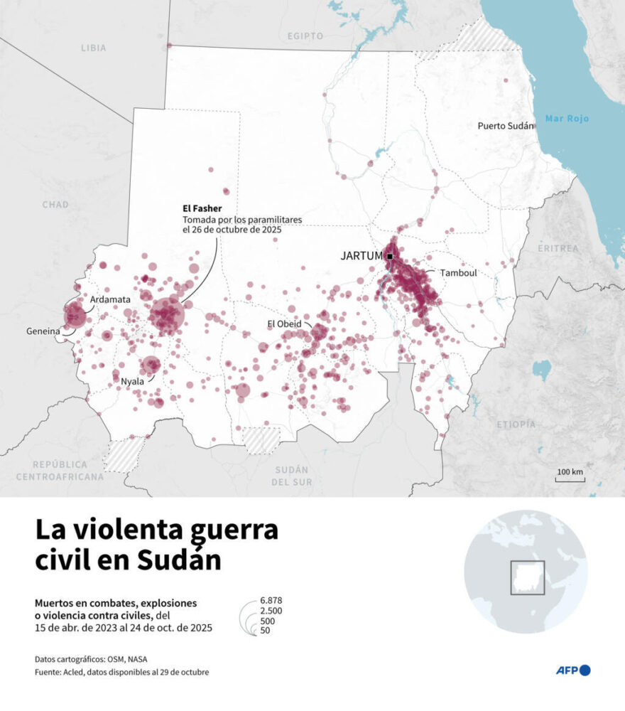 Mapa que muestra el número de muertos durante combates, manifestaciones o violencia contra civiles desde el inicio de la guerra civil el 15 de abril de 2023, según datos de la ONG Acled hasta el 24 de octubre de 2025