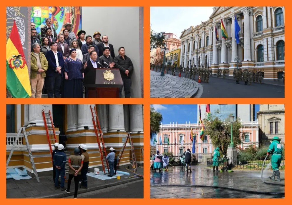 Arce y sus ministros, actividades de limpieza y refacción en kilómetro cero. Fotos: ABI, APG y AMUN. Montaje: Visión 360