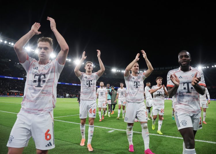Team players of Bayern Munich celebrate their victory during the UEFA Champions League