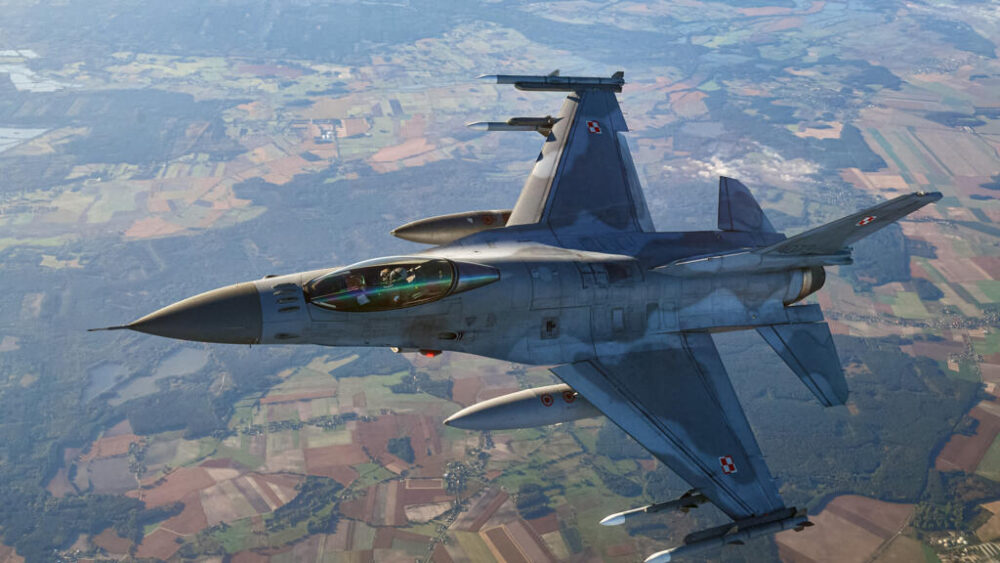 Un avión de combate F-16. Ilustración. 