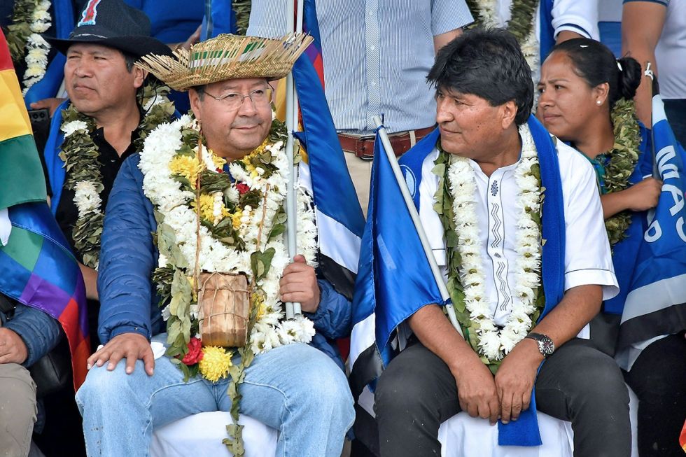EXMANDATARIOS. Evo Morales y Luis Arce en un acto de su expartido, el MAS.