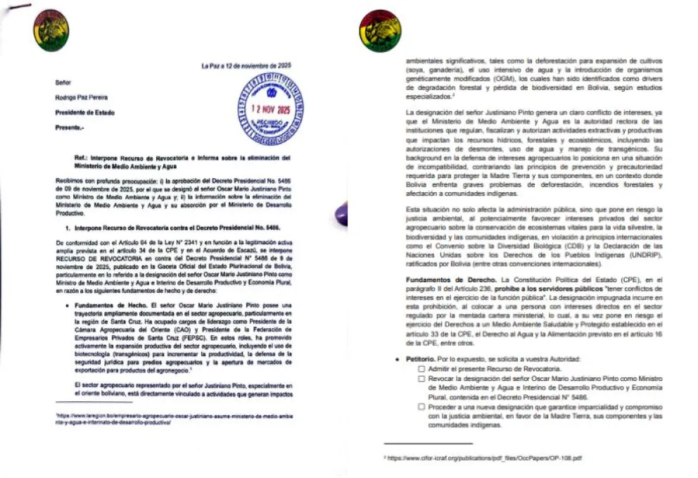 Parte del recurso de revocatoria entregado a la Presidencia del Estado. Foto: Composición Visión 360.