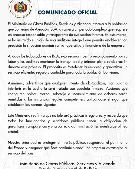 Ministerio de Obras ordena una auditoría integral a BoA: asegura que no permitirá irregularidades- Ministerio de Obras ordena una auditoría integral a BoA: asegura que no permitirá irregularidades
