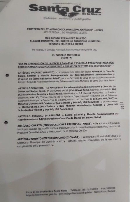 Capital cruceña: Concejo Municipal aprueba ley que pondría fin al reclamo de ítems de salud