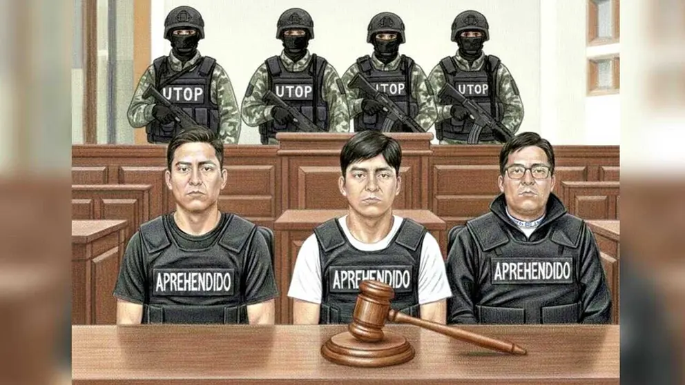 Ilustración de Nabor López, Alfredo Rengipo y Remberto López en una recreación de sala de audiencia. / IMAGEN GENERADA CON IA