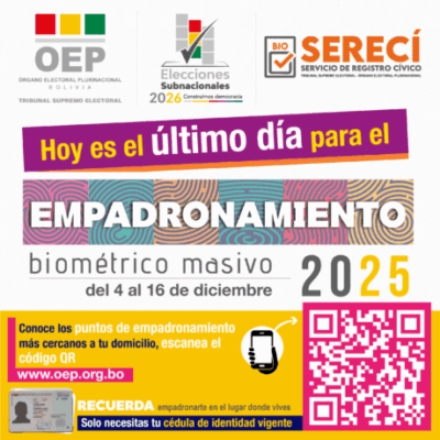 El empadronamiento masivo para las Elecciones Subnacionales 2026 concluye hoy martes 16 de diciembre