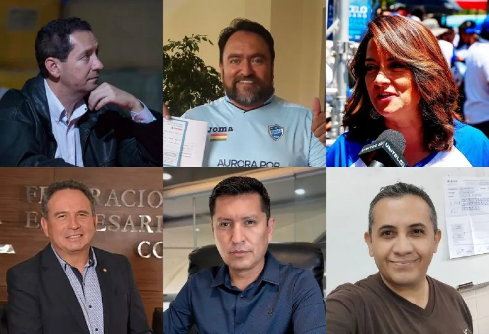 Los candidatos José Carlos Sánchez Verazaín, Sergio Rodríguez, Rocío Molina Travesí, Javier Bellot, Jhon Mendoza García y Juan Alfonso Berzaín. /Foto: Composición Visión 360. 
