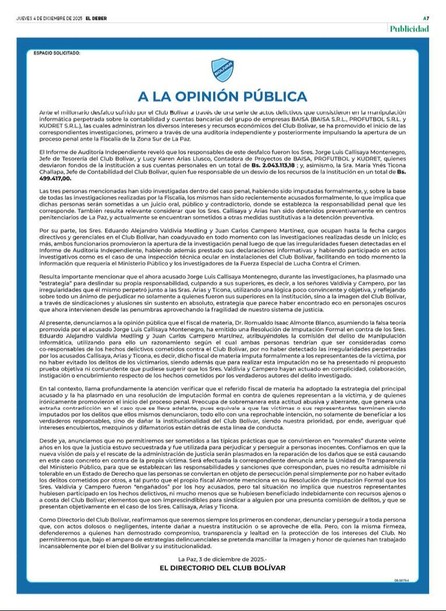 El club Bolívar divulga los nombres de los tres imputados por un desfalco de más de Bs 2 millones - El club Bolívar divulga los nombres de los tres imputados por un desfalco de más de Bs 2 millones