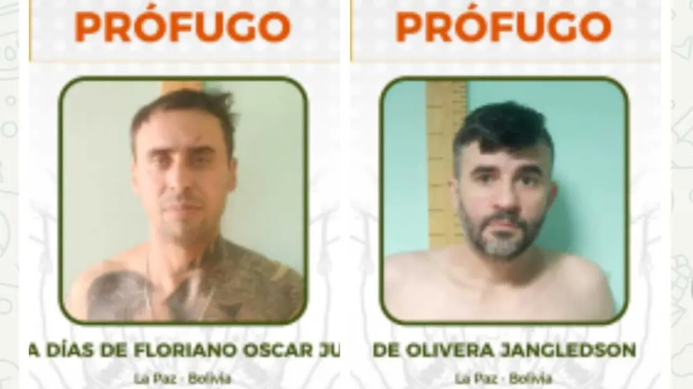 Afiche de búsqueda de los privados de libertad de nacionalidad brasileña Terra Días de Floriano Oscar Junior y De Olivera Jangledsondos del penal de máxima seguridad de Chonchocoro. POLICÍA BOLIVIANA