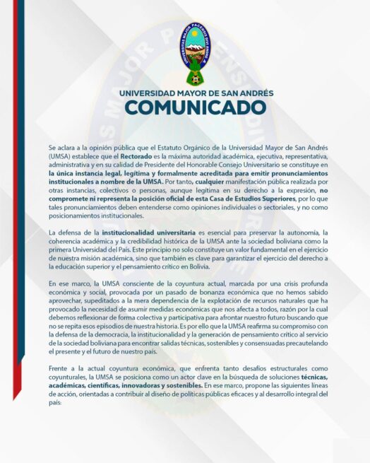 UMSA plantea 4 líneas de acción para enfrentar la crisis