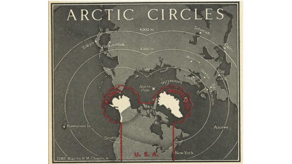 Un mapa de la edición del 27 de enero de 1947 de la revista Time, que ilustra la ventaja estratégica que suponía para Estados Unidos la adquisición de Groenlandia.
