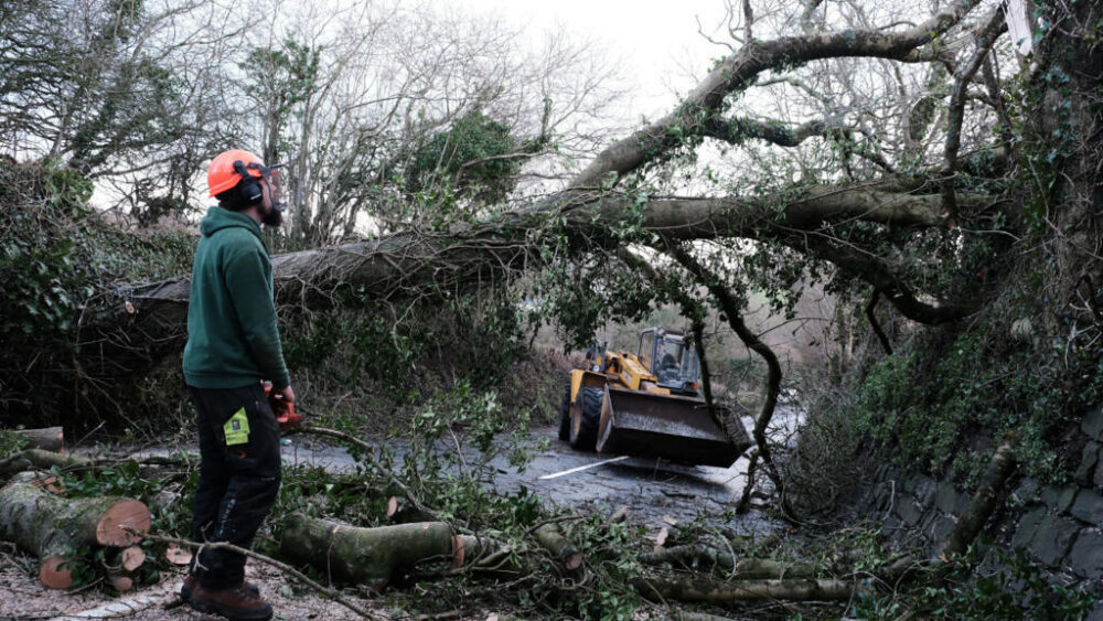 Retiran un árbol caído de una carretera en St Stephen, Cornualles, Inglaterra, mientras la tormenta Goretti sigue azotando el Reino Unido y decenas de miles de británicos en todo el país se enfrentan a cortes de electricidad generalizados, interrupciones en el transporte y cierres de colegios, el viernes 9 de enero de 2026.