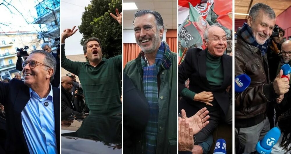 De izquierda a derecha, los cinco favoritos en las elecciones en Portugal: el exministro socialista António José Seguro, el líder de ultraderecha André Ventura, el eurodiputado liberal João Cotrim de Figueiredo, el exministro conservador Luís Marques Mendes y el almirante en la reserva Henrique Gouveia e Melo, en sendos actos de campaña.