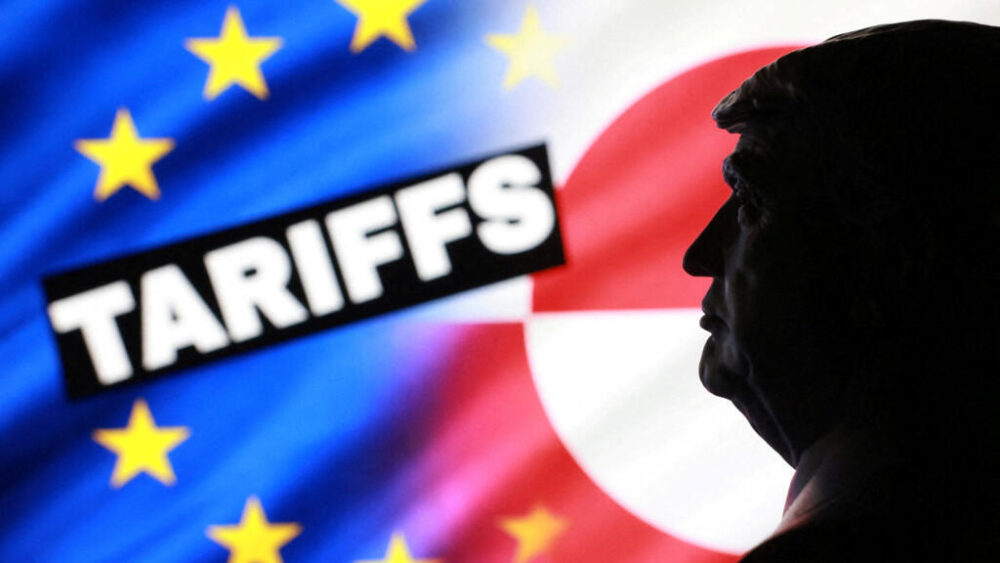 The profile of a model of US President Donald Trump superimposed on the EU and Greenland flags in a photo illustration