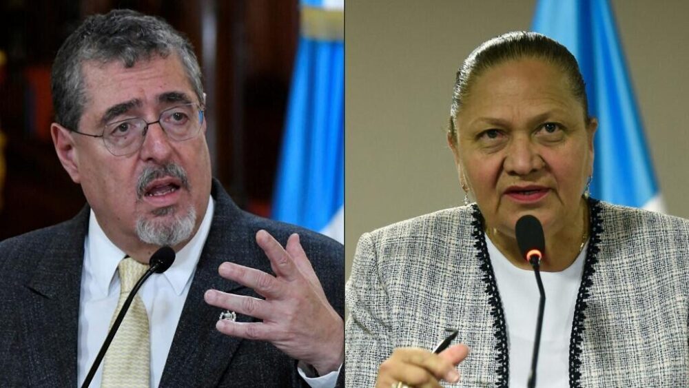 El presidente guatemalteco Bernardo Arévalo durante una conferencia de prensa en agosto de 2024, y la fiscal general de Guatemala, María Consuelo Porras, durante una conferencia de prensa en mayo de 2018.