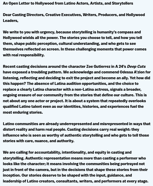 La comunidad de artistas latinos envía una carta a Hollywood exigiendo “respeto y representación”