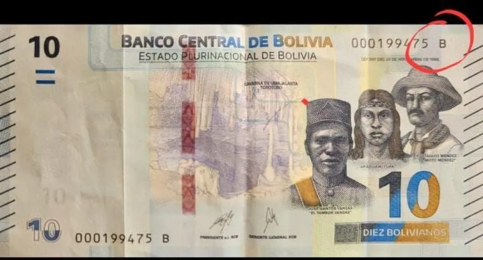 Imagen referencial de un billete de 10 bolivianos de la serie B