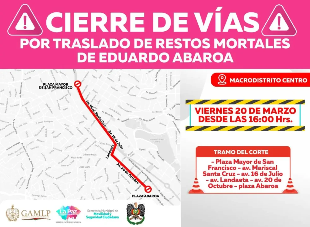 El aficehde la Aclaldía de La Paz con información de las vías que serán cerradas. FOTO: GAMLP