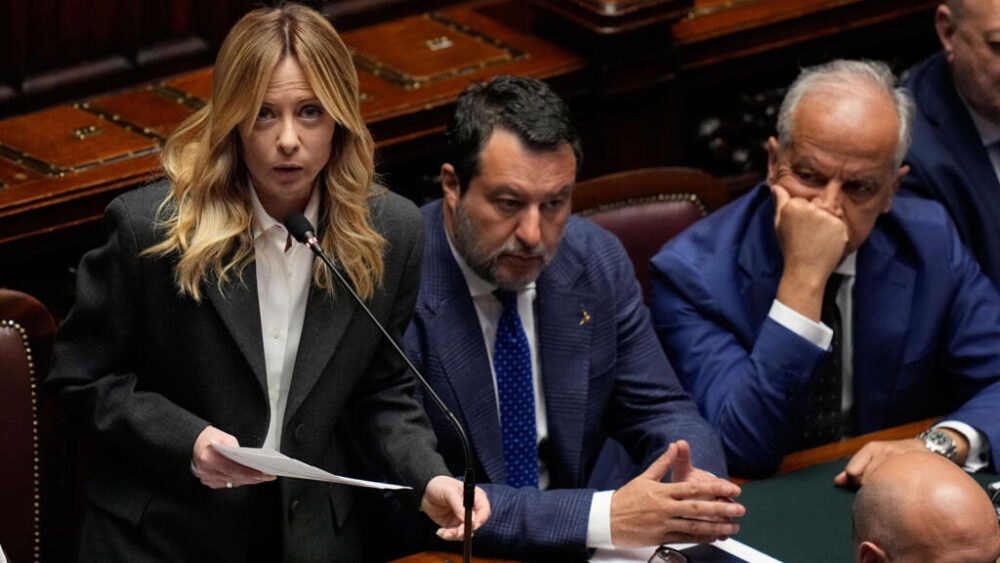 La jefa del gobierno italiano, Giorgia Meloni en lq Cámara Baja del Parlamento italiano, el 9 de abril de 2026 en Roma.