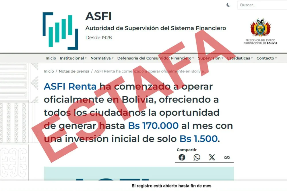 El sitio web de estafa. Foto: ASFI