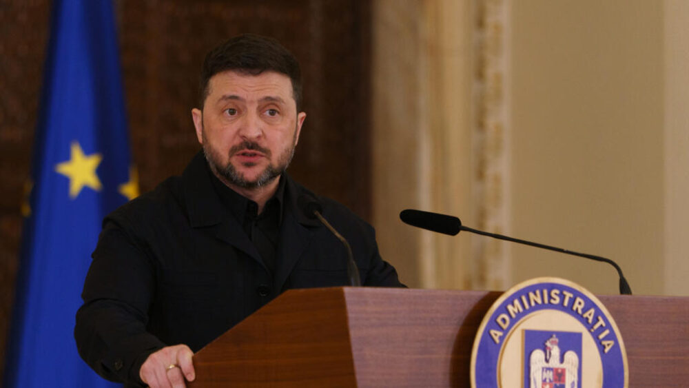 Volodímir Zelenski, presidente de Ucrania, en la rueda de prensa conjunta con Nicușor Dan, presidente de Rumanía, celebrada en el Palacio de Cotroceni, el 12 de marzo de 2026.