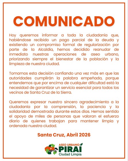 Empresa Piraí suspende el paro y reanuda el servicio de aseo en la capital cruceña