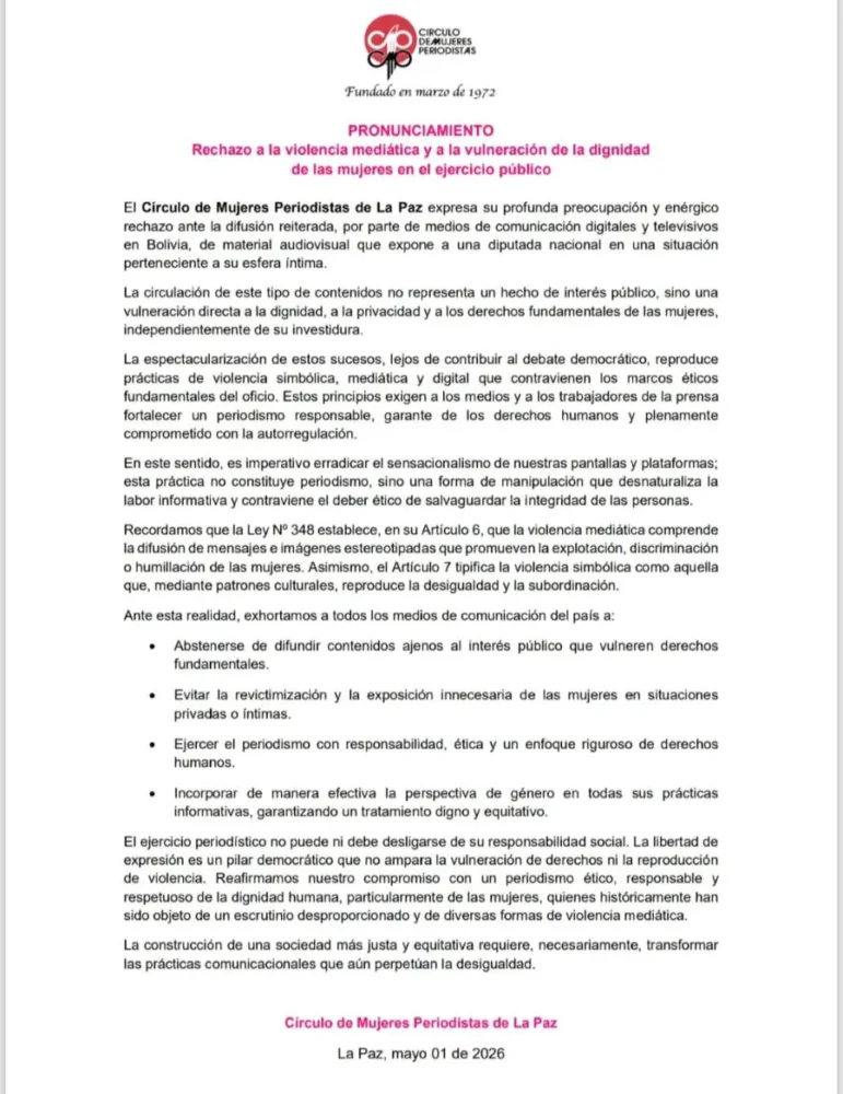 Pronunciamiento de colectivos de mujeres ante violencia mediática contra una diputada.