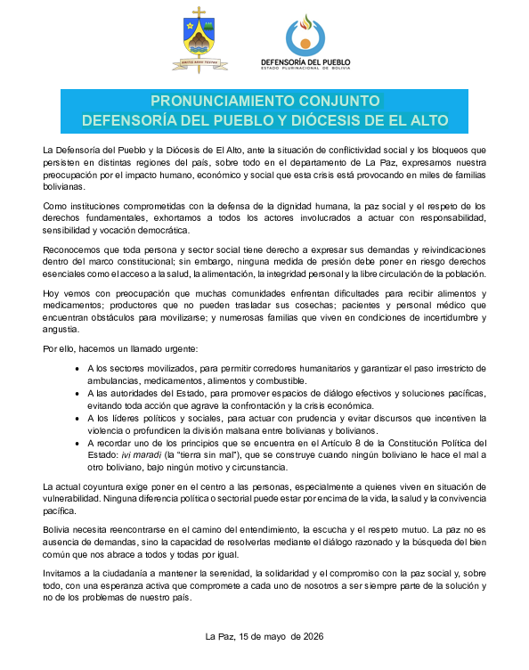 PRONUNCIAMIENTO CONJUNTO DEFENSORÍA DEL PUEBLO Y DIÓCESIS DE EL ALTO