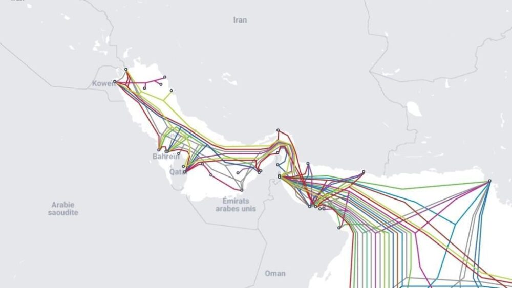 Un mapa de los cables submarinos que se actualiza periódicamente en una página web especializada.