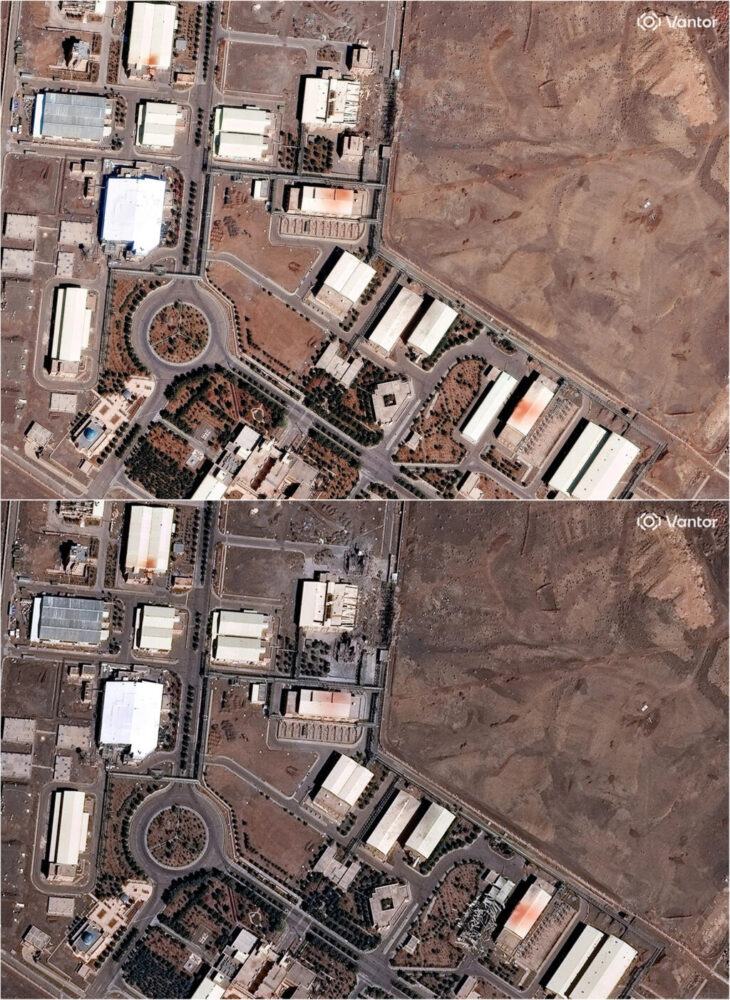 Una combinación de imágenes de satélite muestra una vista más detallada de la central nuclear de Natanz, cerca de Natanz (Irán), el 1 de marzo de 2026 (arriba), y la central nuclear de Natanz con daños en los nuevos edificios, en medio del conflicto entre Estados Unidos, Israel e Irán, cerca de Natanz (Irán), el 2 de marzo de 2026 (abajo).