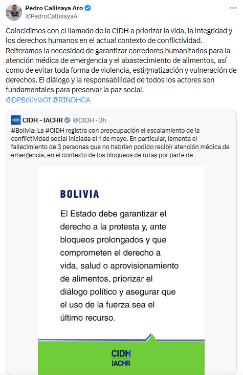 DEFENSOR DEL PUEBLO DESTACA PRONUNCIAMIENTO DE LA CIDH Y EL LLAMADO A GARANTIZAR CORREDORES HUMANITARIOS ANTE LA CONFLICTIVIDAD